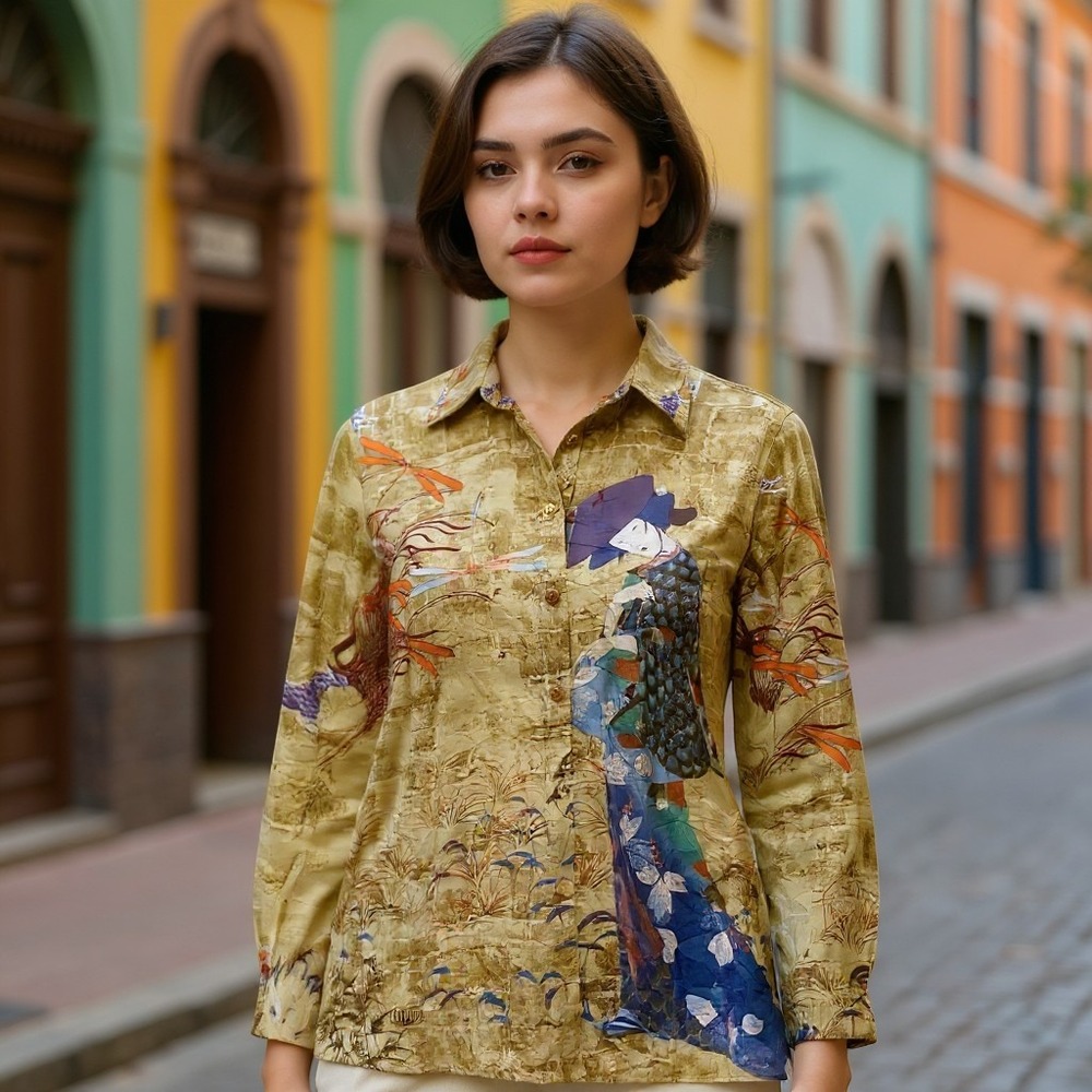 Citron Santa Monica Silk Geisha Dragonfly Crane Print Button Down